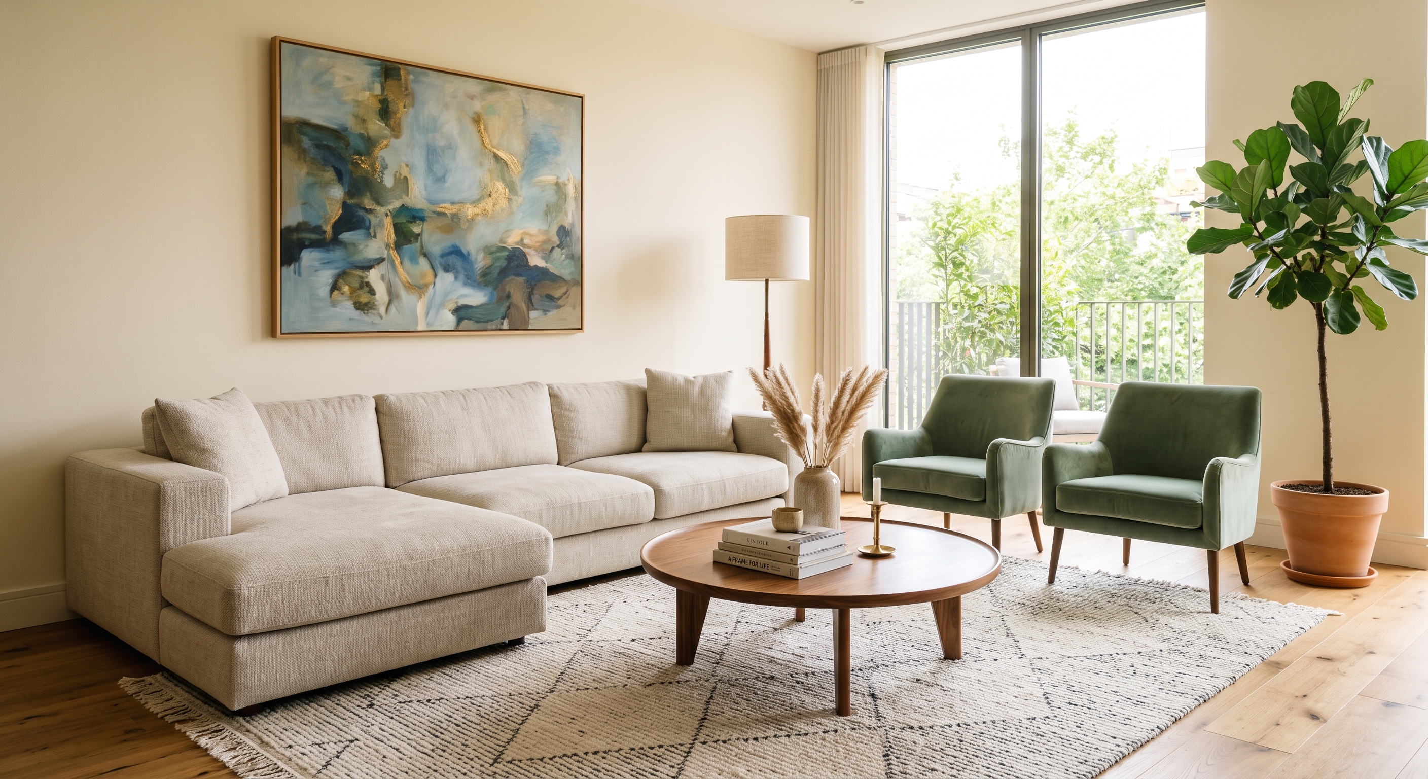Living room with a beige sectional, sage velvet armchairs, and a fiddle-leaf fig by the balcony
