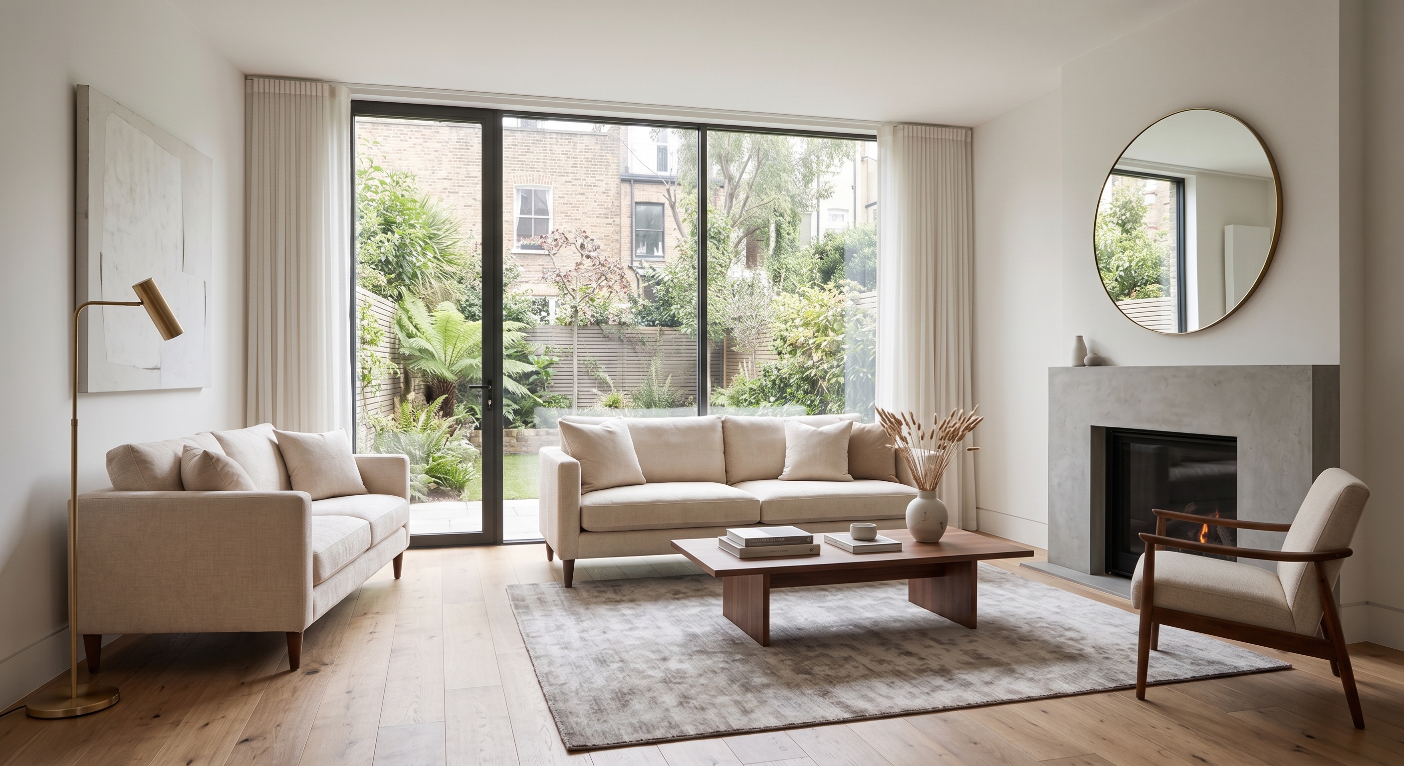 Angella Laverty Home Staging & Interior Design — a sunlit living room opening onto a garden, with a round mirror over a concrete fireplace
